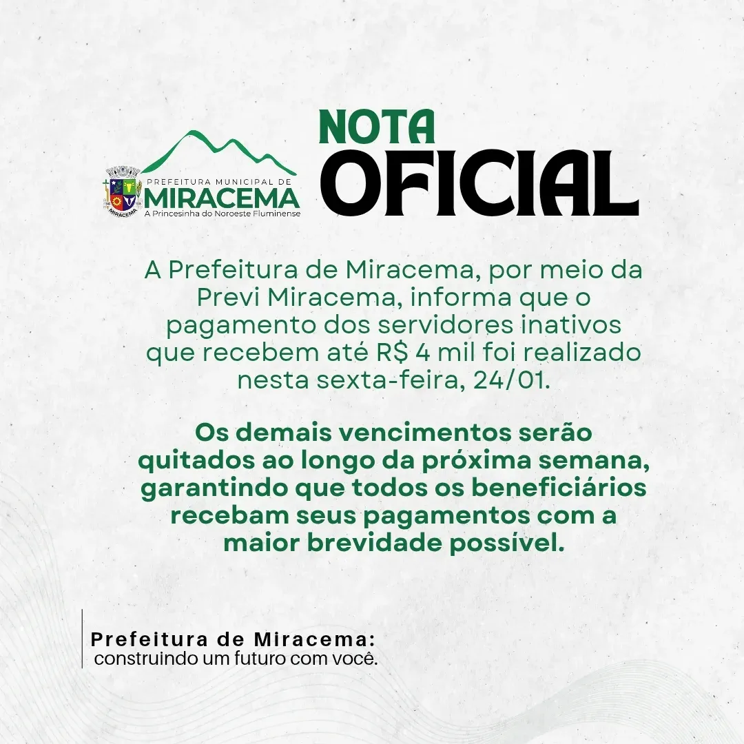 Nota Oficial: Pagamento dos inativos da Previ Miracema