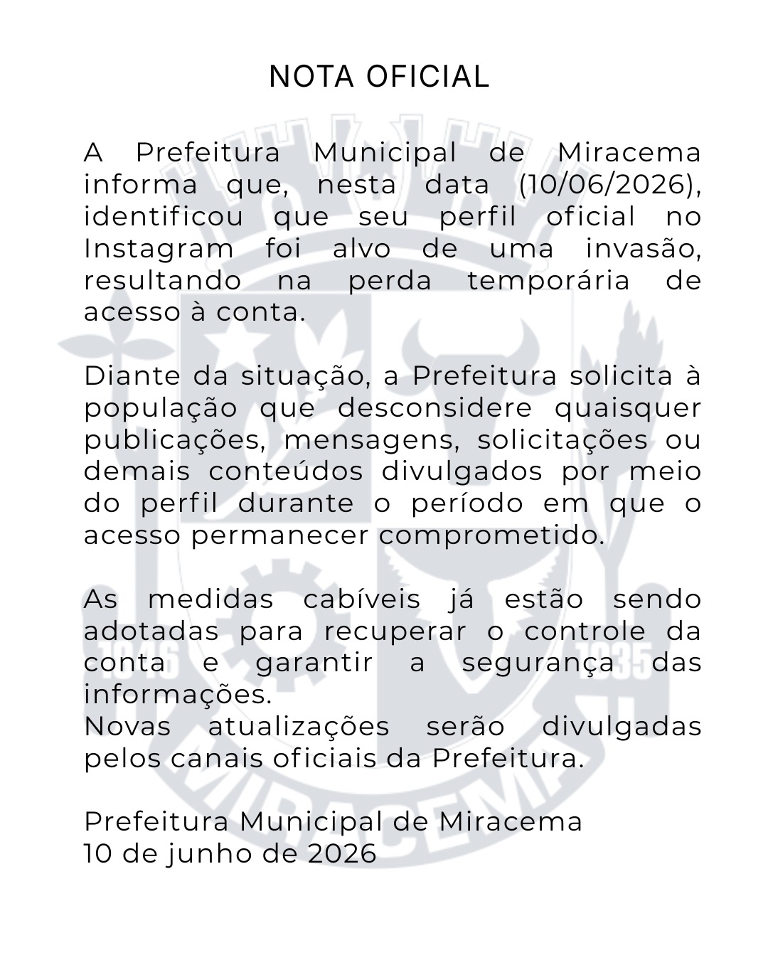 Prefeitura de Miracema informa invasão em perfil oficial do Instagram