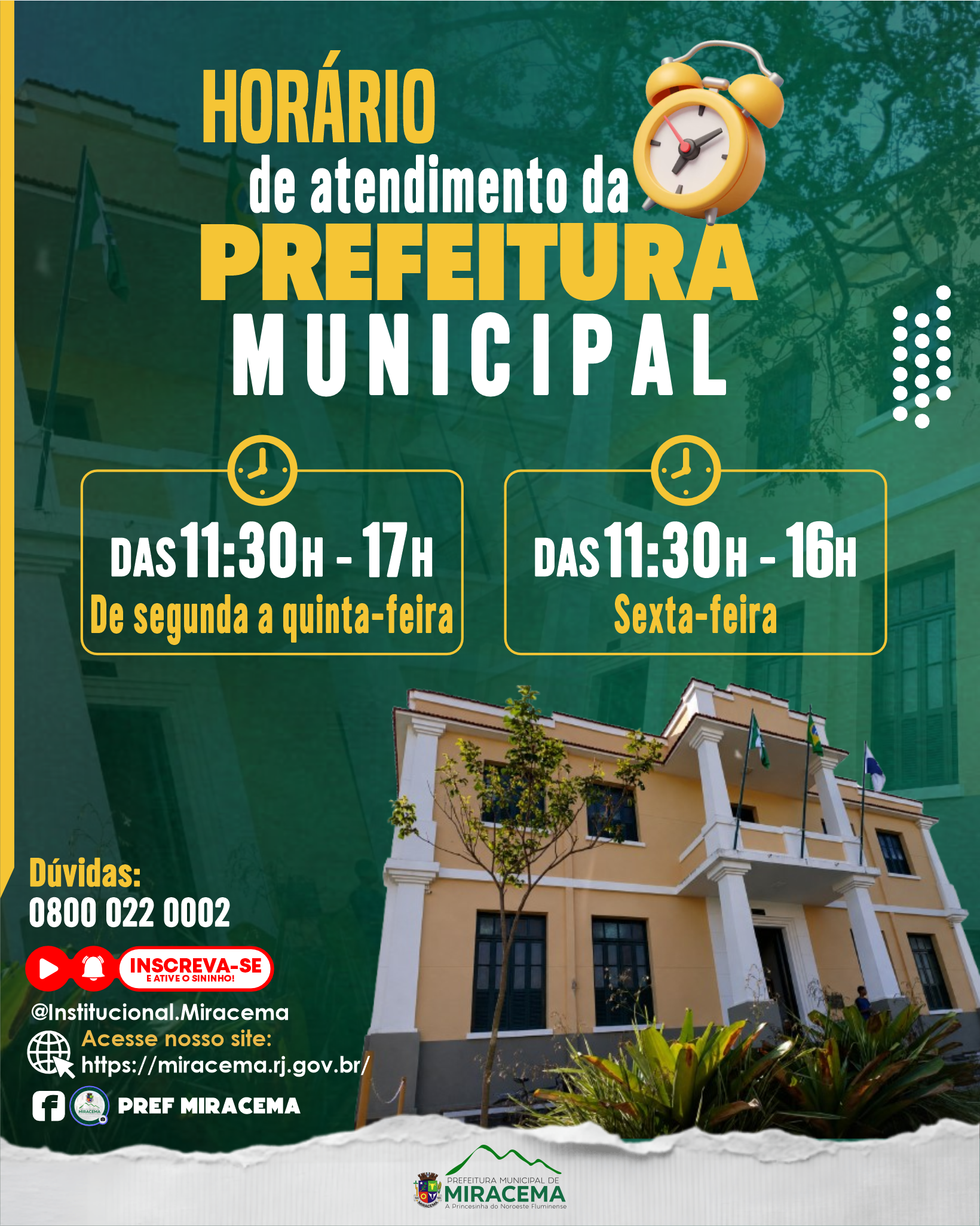 HORÁRIO DE ATENDIMENTO PREFEITURA MUNICIPAL