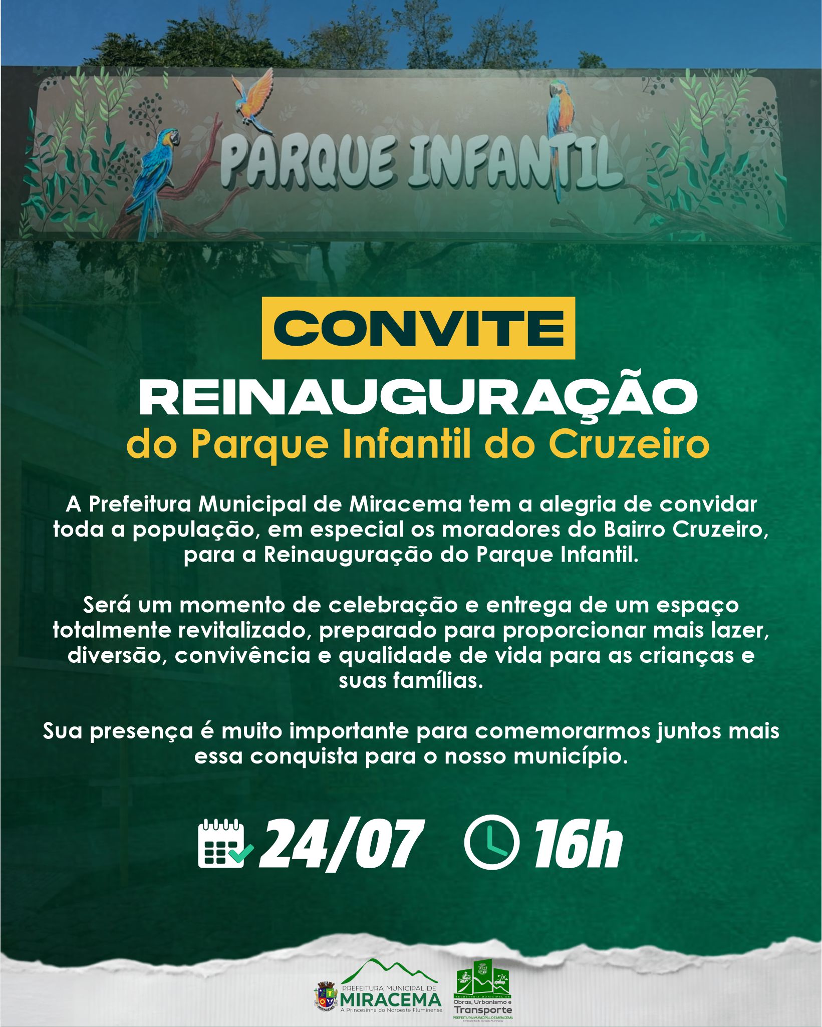 CONVITE | REINAUGURAÇÃO DO PARQUE INFANTIL DO CRUZEIRO